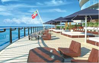 An outside deck view from Virgin Voyages's Scarlet Lady Cruise Ship. 